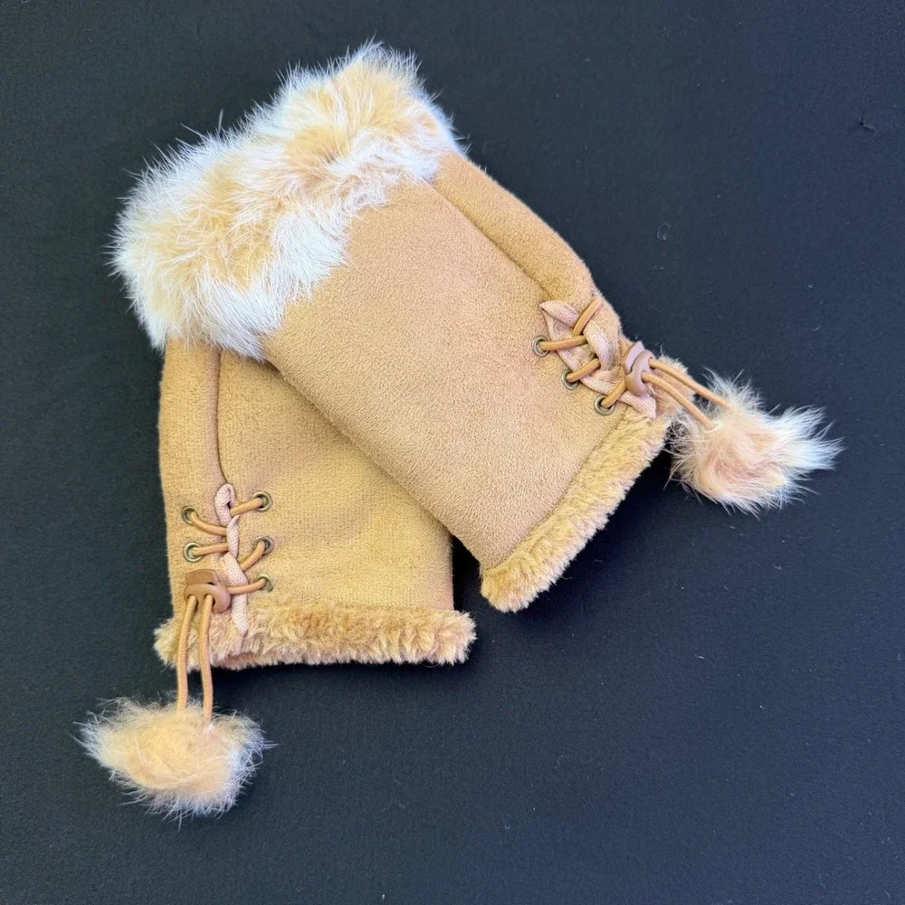 All Jazzed Up Faux Suede Fur Trim Fingerless Gloves Tan Pom Pom Y2K Winter OS